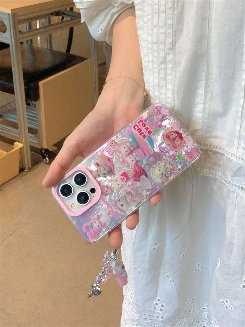 Luxury Laser Rainbow Cute Pink Heart Love Cat Cartoon Phone Case For iPhone 12 13 14 15 16 Pro Max Y2k 3D Furry Cat Doll Lanyard