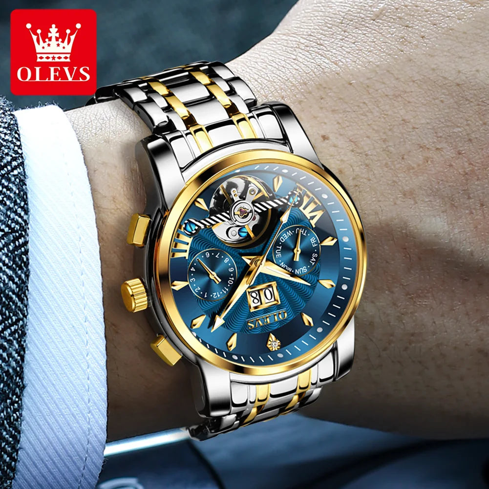 OLEVS Brand Fashion Blue Mechanical Watch for Men Stainless Steel Waterproof Luminous Calendar Luxury Tourbillon Watches Mens
