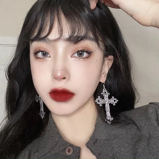 女性用クロスイヤリング バロックゴス ゴシックスタイル ヴィンテージイヤリング レディースジュエリーアクセサリー ラージ Y2K アクセサリー グランジフープ