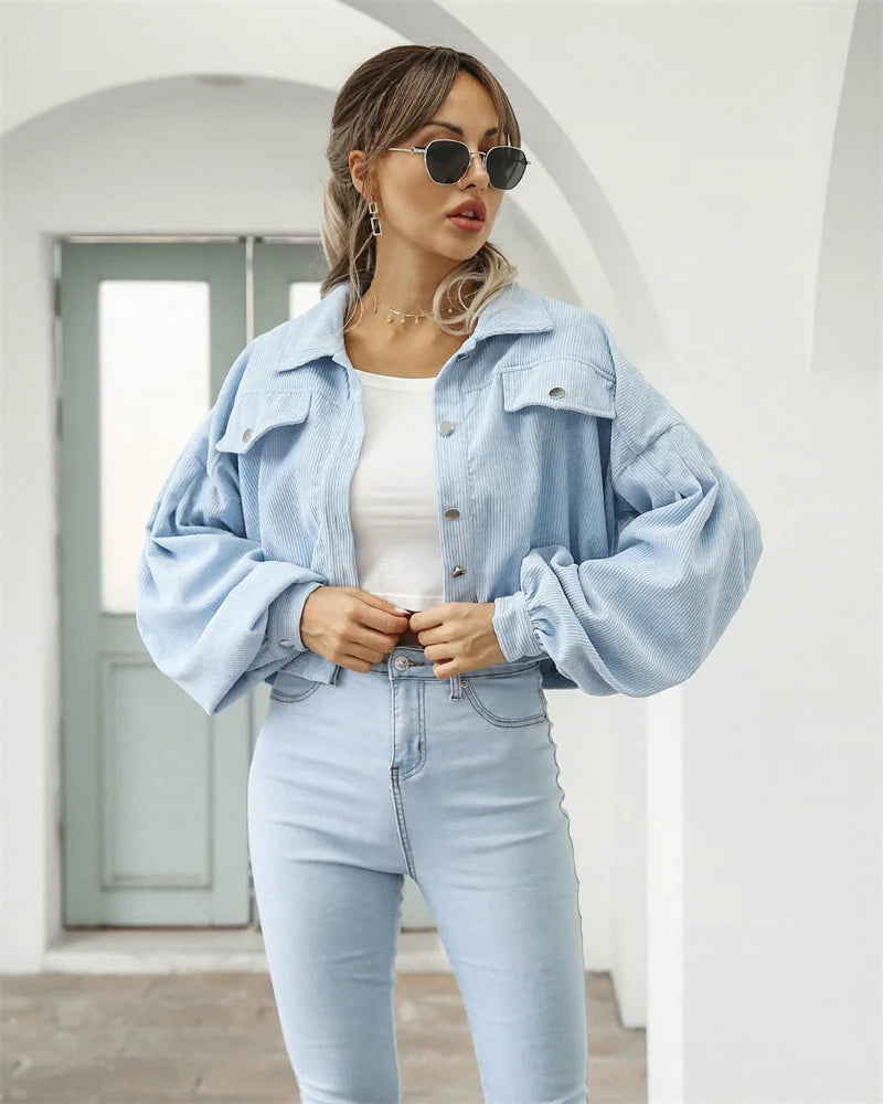 2023 Corduroy Short Jacket Women Loose Tops Spring Autumn Turndown Collar Lantern Sleeve Casual Coat Lady Streetwear Outerwear