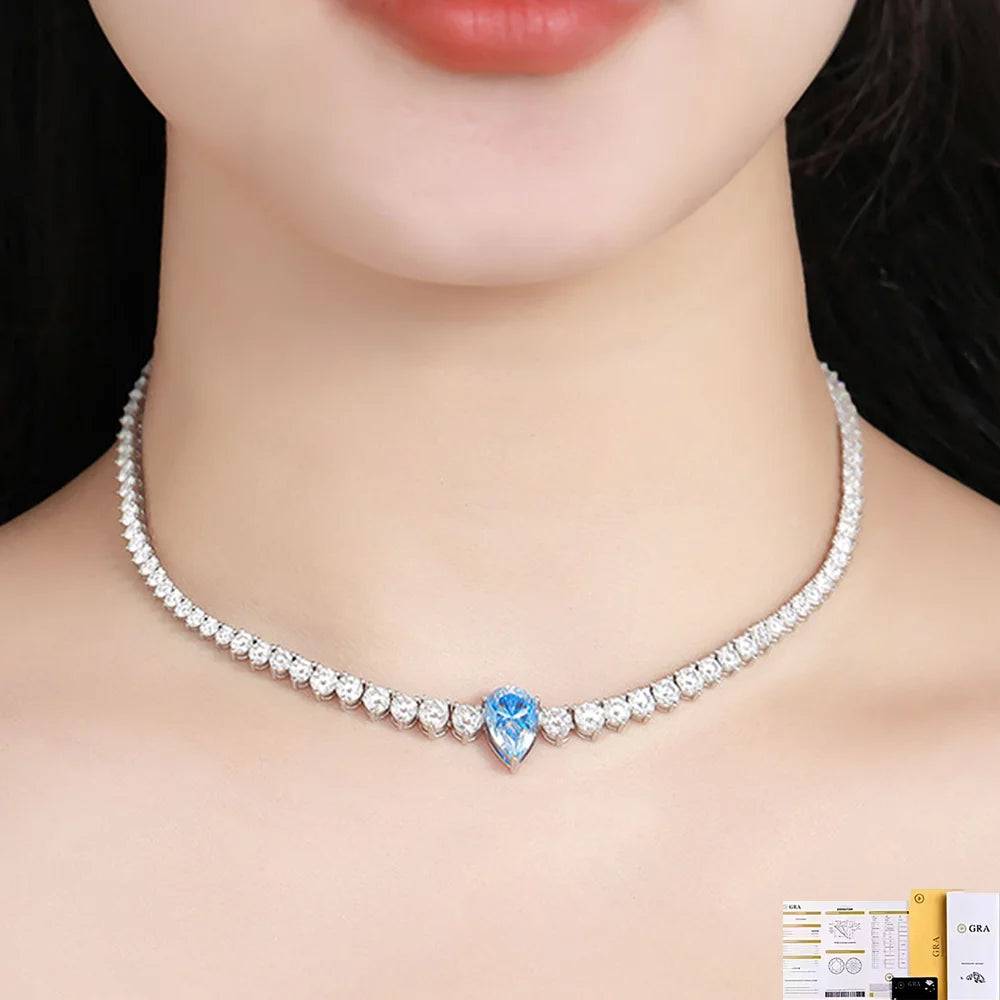 OEVAS 3-4.5mm Full Moissanite Tennis Necklace S925 Silver Lab Diamond Waterdrop Pendant For Women Party Fine Jewelry