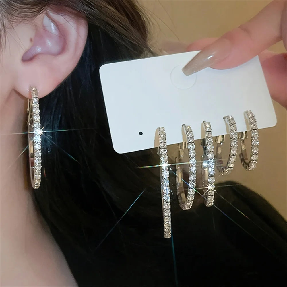 1-3 Pairs Set Sparkling Exaggerated Full Paved Rhinestones Round Circle Hoop Earrings for Women Simple Shiny Earring Jewelry