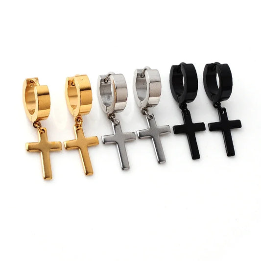 2個入り ステンレススチール メンズ クロス スター パンク ダングルイヤリング ゴシック レディース クロス イヤーフープイヤリング ハギーズ ペンダント ピアスジュエリー