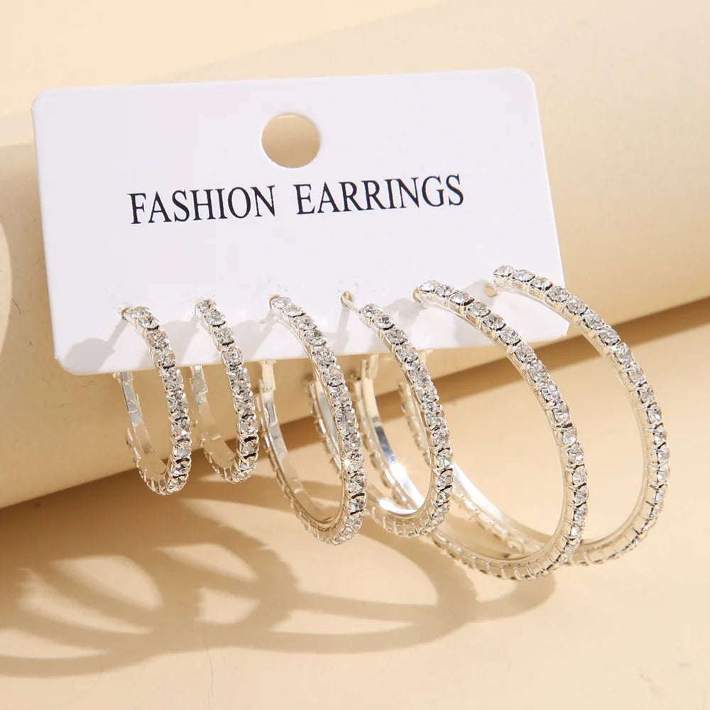 1-3 Pairs Set Sparkling Exaggerated Full Paved Rhinestones Round Circle Hoop Earrings for Women Simple Shiny Earring Jewelry