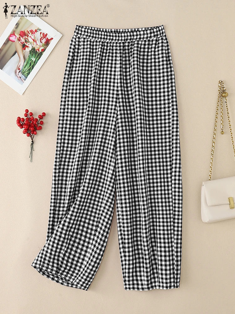 ZANZEA 2025 Plaid Pants Women Fashion Lantern Pants Casual Loose Long Trouser Summer Pockets Elastic Waist Bottoms Oversized