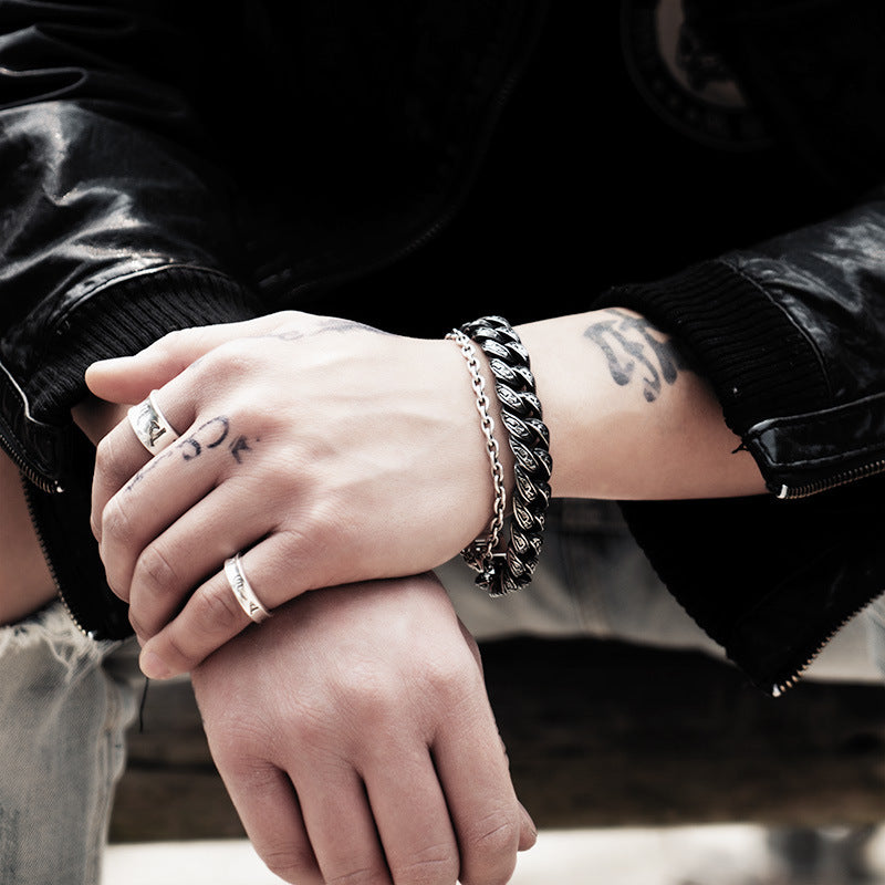 アンティークシルバー彫刻ブレスレット メンズ パンク ヒップホップ ロック パーティー ジュエリー メタルリンクブレスレット ギフト