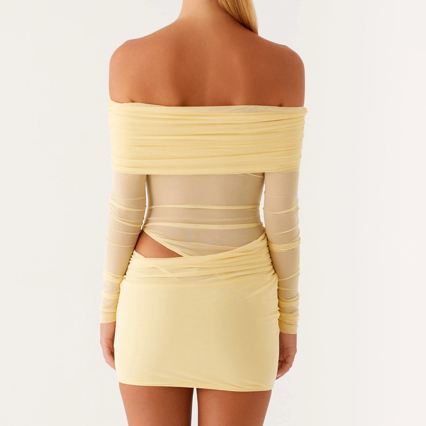 Women Mini Off Shoulder Dress Slim Ruched Solid Color Cut Out Long Sleeve Backless Short Mesh Bodycon Dress for Party Club