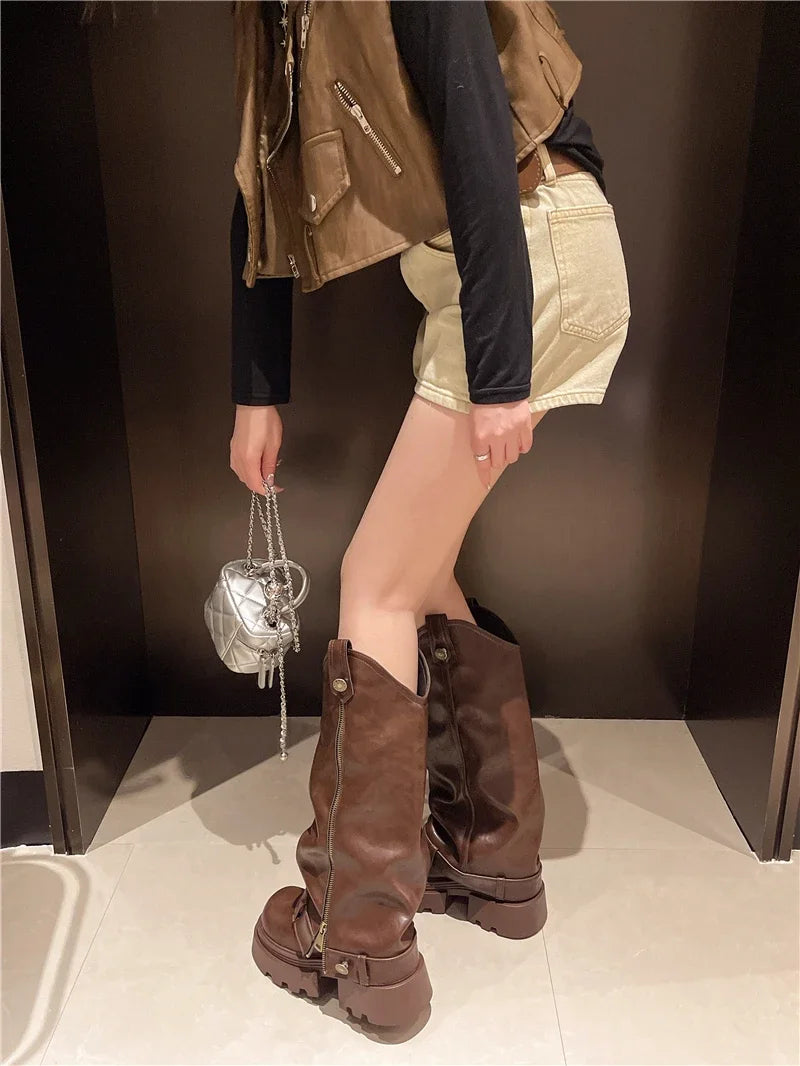Women's Boots 2025 New Style Retro High Western Boots for Autumn and Winter Fashion Versatile Female Knight Boots