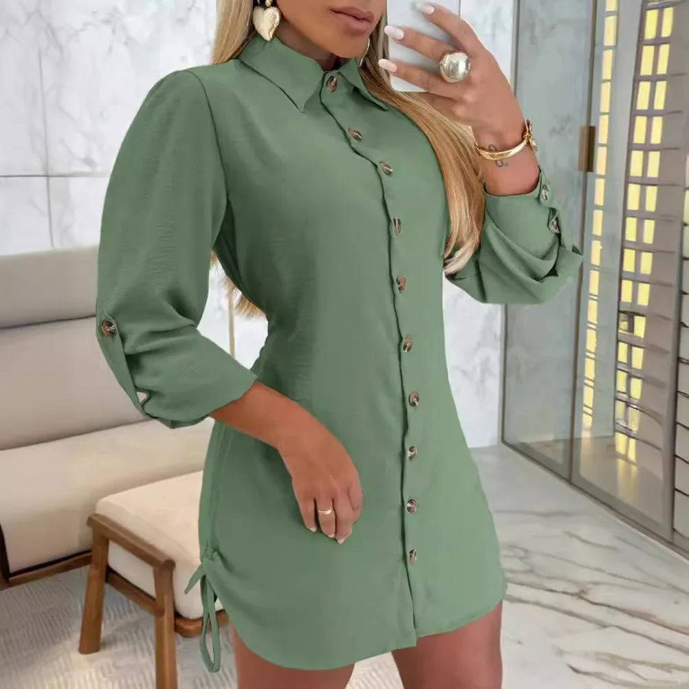 Women Fashion Spring Autumn Blouse Button Dress Turn Down Collar Long Sleeve Double Side Lace Up Shirring Casual Mini OL Dress