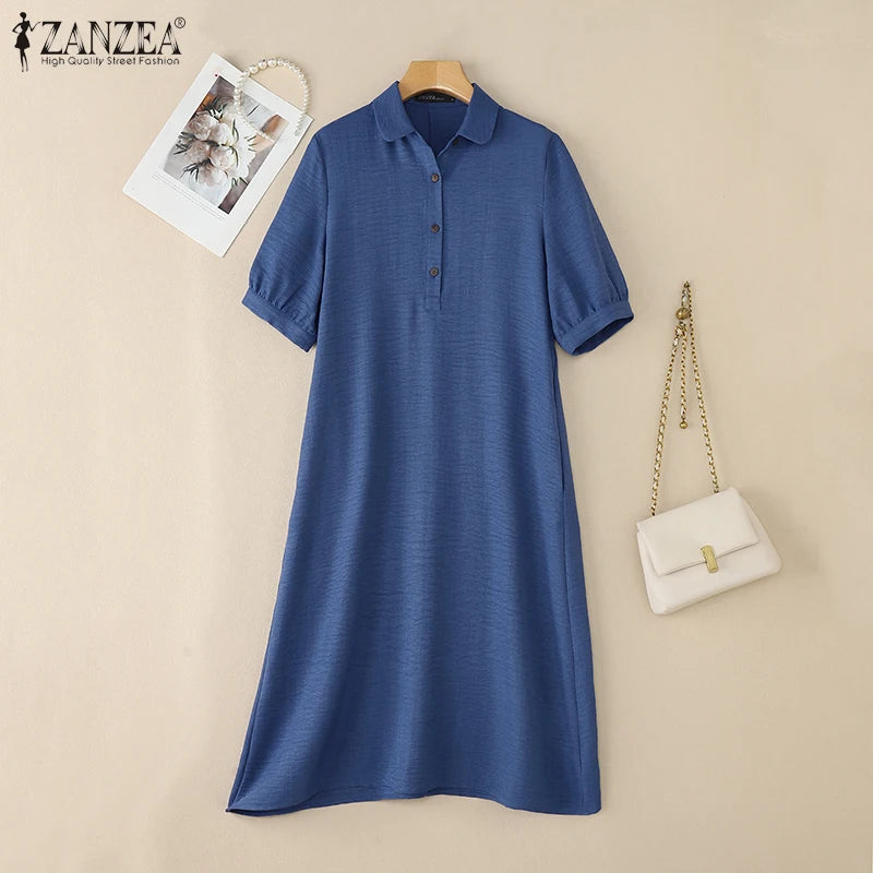 ZANZEA Women Fashion Shirt Dress 2025 Summer Sundress Lapel Neck Short Sleeve OL Work Dresses Casual Buttons Midi Vestidos Robe