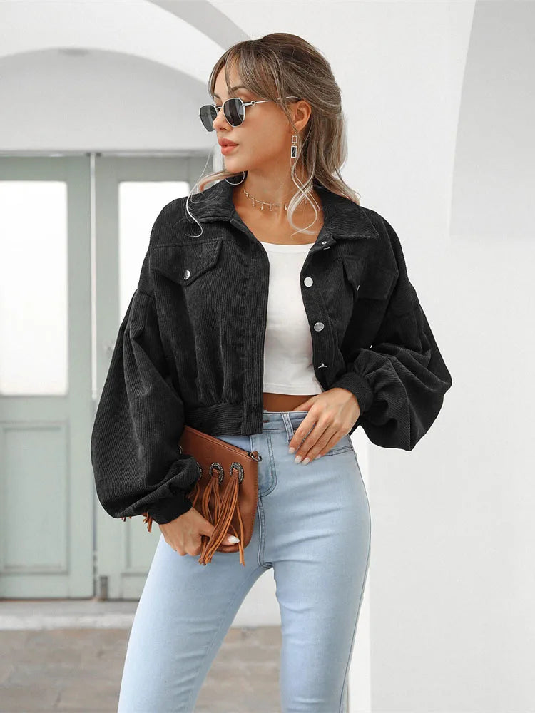 2023 Corduroy Short Jacket Women Loose Tops Spring Autumn Turndown Collar Lantern Sleeve Casual Coat Lady Streetwear Outerwear