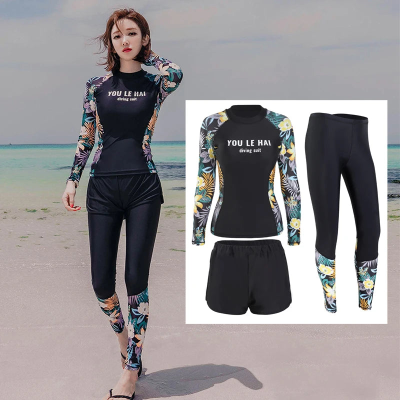 Women's 3pcs/set Printed Long Sleeve Rashguard UV Sun Protection Surf Shirt With Pants Shorts Full Body Bathing Suit Dive Skin