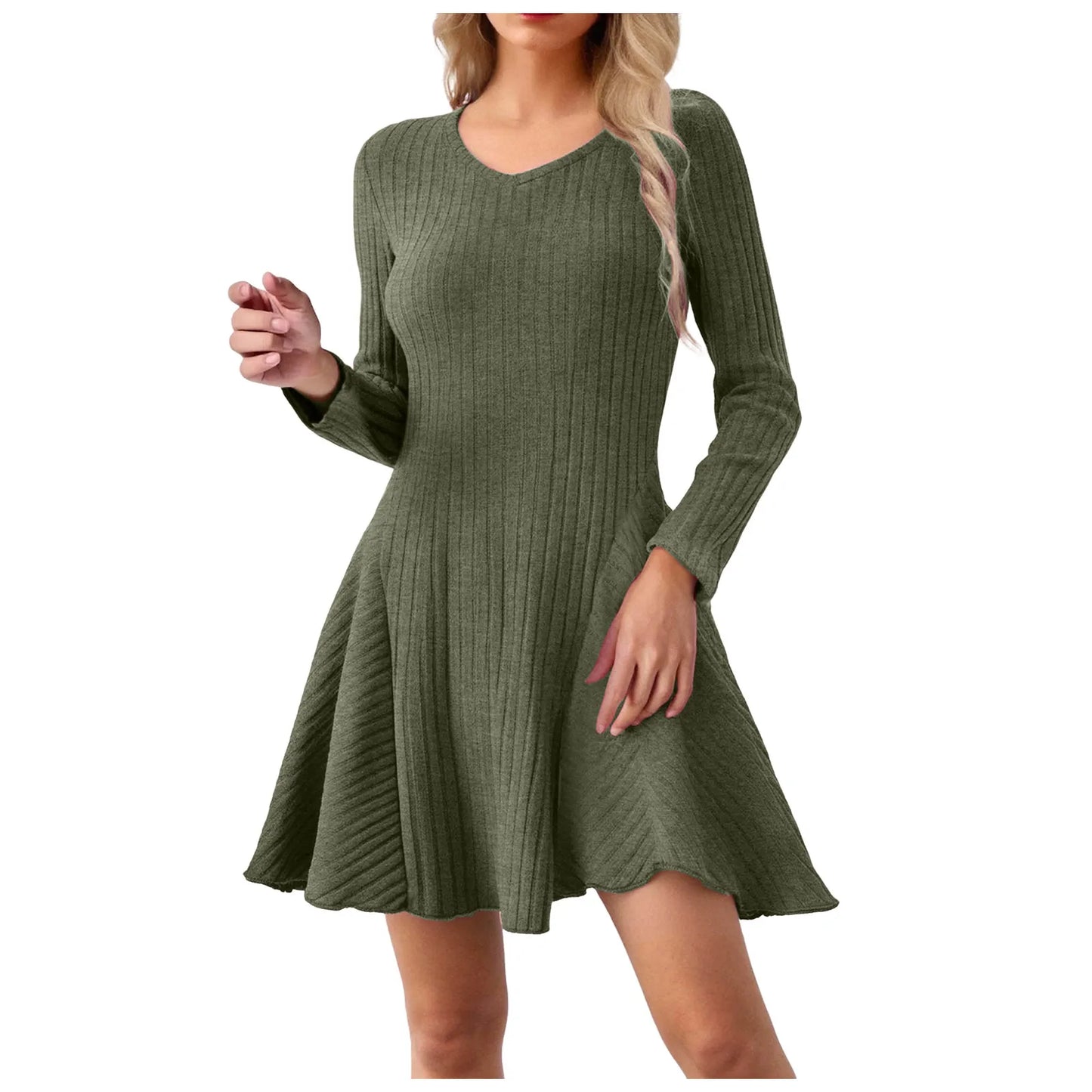 Knitted Mini Dresses Women V Neck Autumn Winter Solid Korean Fashion Vestidos Mujer Elegant Long Sleeve A-Line Women Dress 2025
