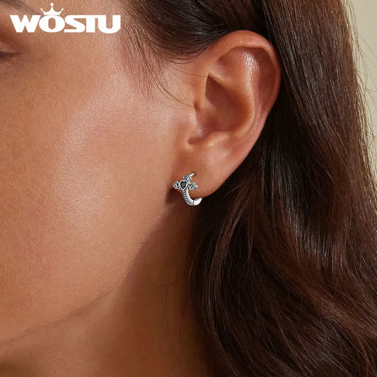 WOSTU ヴィンテージ 925 スターリングシルバー ブラックジルコン クロスフープイヤリング レディース レトロ パンク クロス イヤーバックル ヒップホップ ジュエリー ラッキーギフト