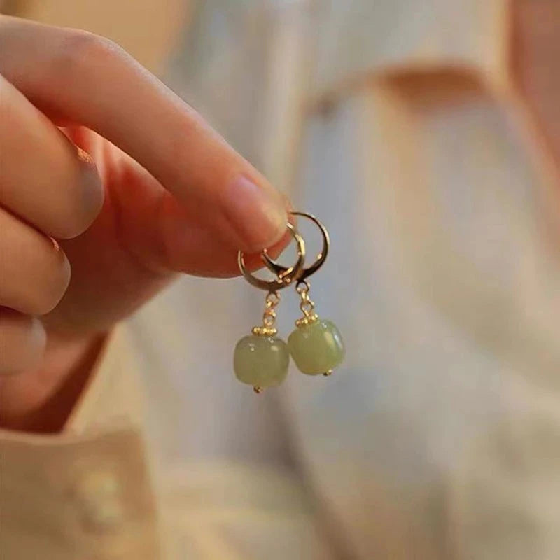 VENTFILLE Gold Color Hetian Jade Earrings for Women Green Round Jewelry Girls Gift Dropshipping Wholesale
