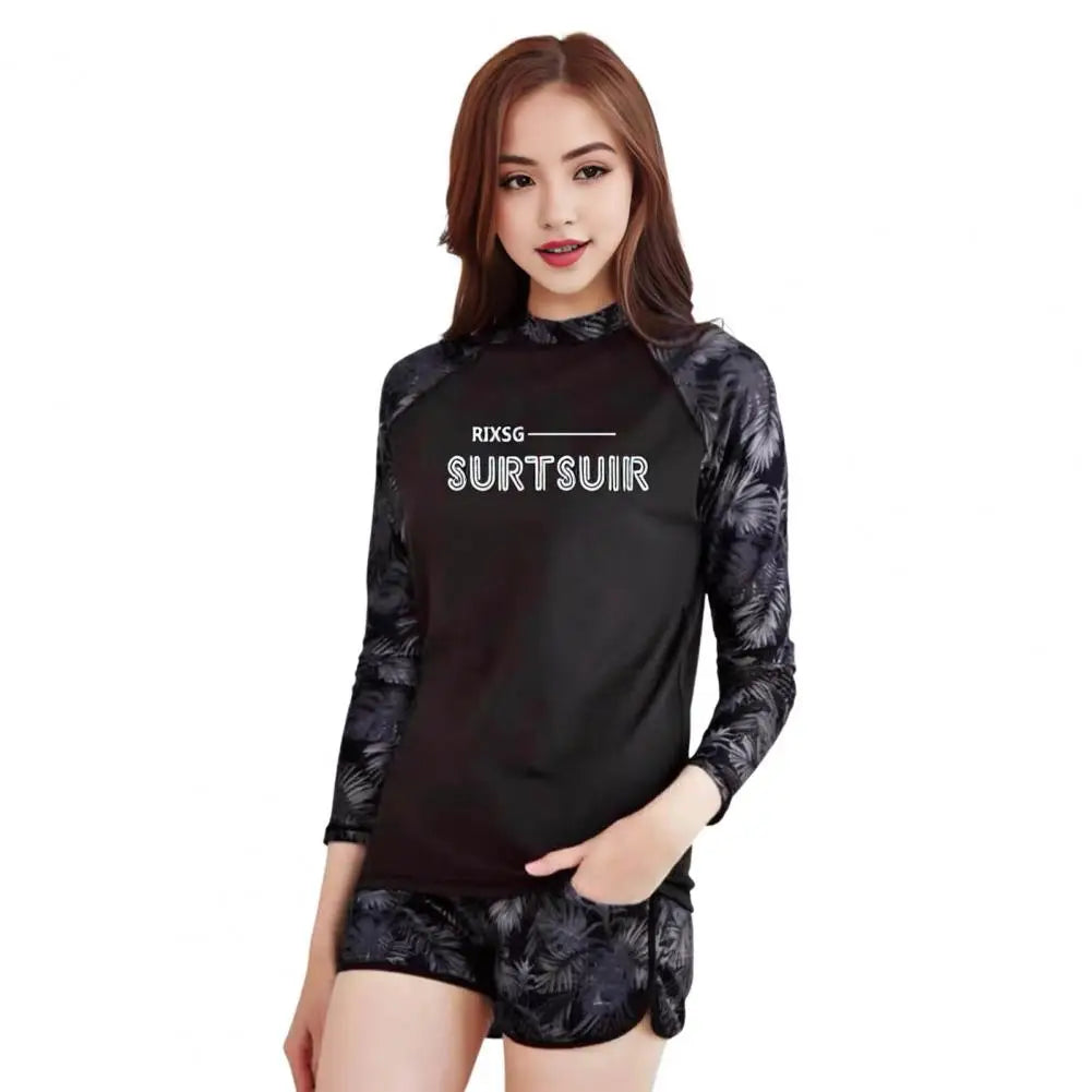 2 Pcs Couple Sport Swimsuit Breathable Leaf Print Long Sleeves Couple Surfing Clothes Diving Bathing Suit Water Sport Swimwear