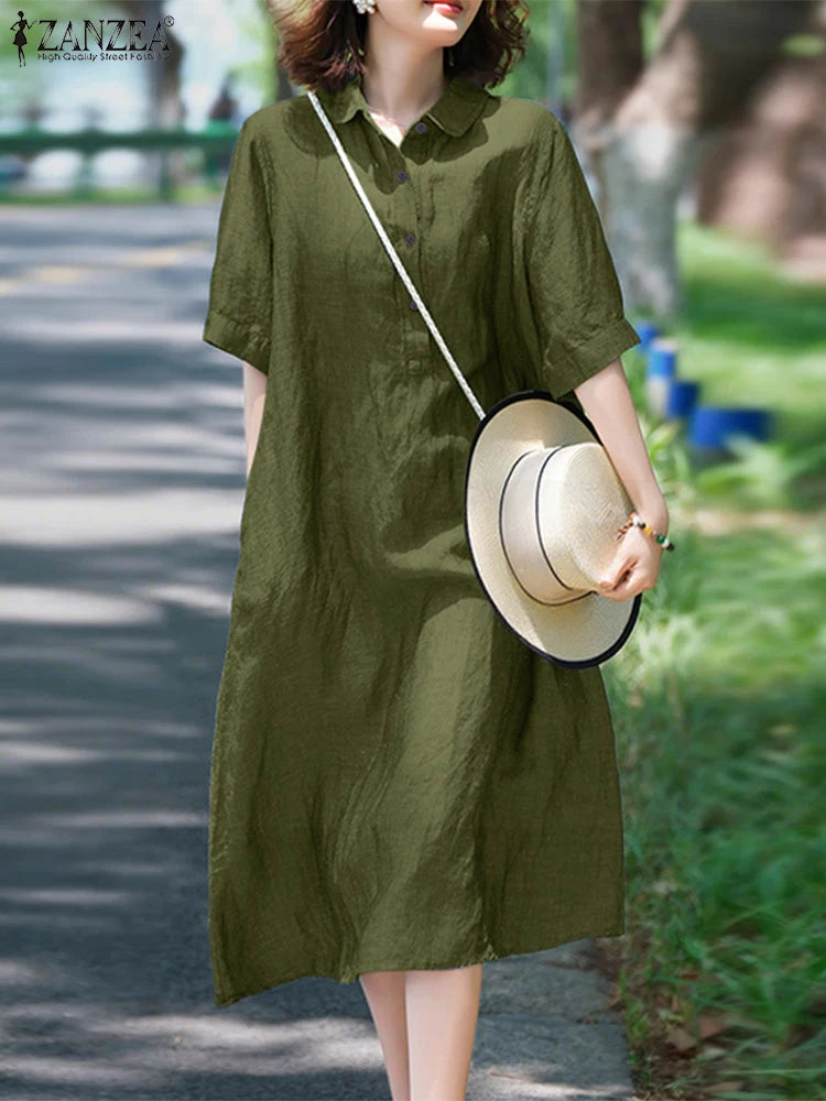 ZANZEA Women Fashion Shirt Dress 2025 Summer Sundress Lapel Neck Short Sleeve OL Work Dresses Casual Buttons Midi Vestidos Robe