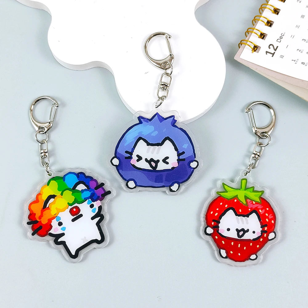 Lovely Pet Kitten with Flower Keychains Cartoon Strawberry Cat Keyring Creative Backpack Pendant Key Chain Fans Friends Gifts