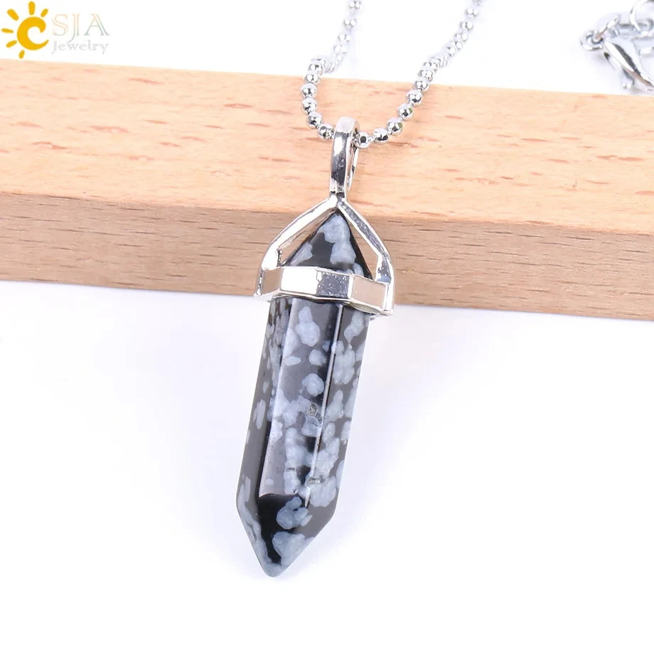 CSJA Hexagonal Bullet Crystal Necklaces Natural Gem Stone Quartz Necklace Pendant Chakra Amethysts Pink Quartz Lapis Lazuli G957