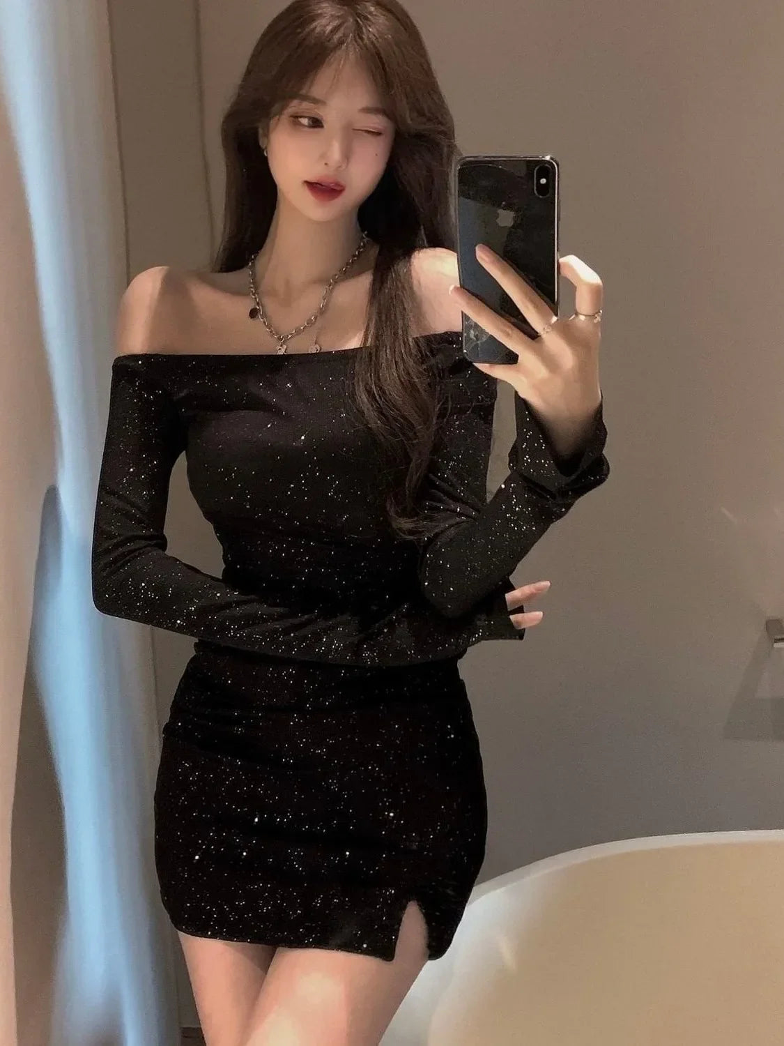 One Shoulder Dress Elegant Female Slim Diamond Long Sleeve Irregular Sexy Hot Girl Short Spring Autumn Black Sweater Dress