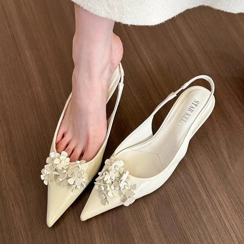 Women Sandals ,Spring Summer 2024 Spring New Pointy Flower Sandals, Fashion Mid-heel Back Empty Women's Single Shoes, Shoes