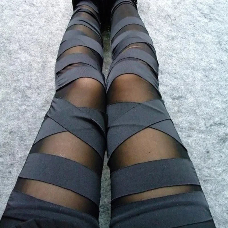 women's plus size gothic legging laces black ladies ripped leggings for women pants mesh bandage leggins lace punk rock fashion