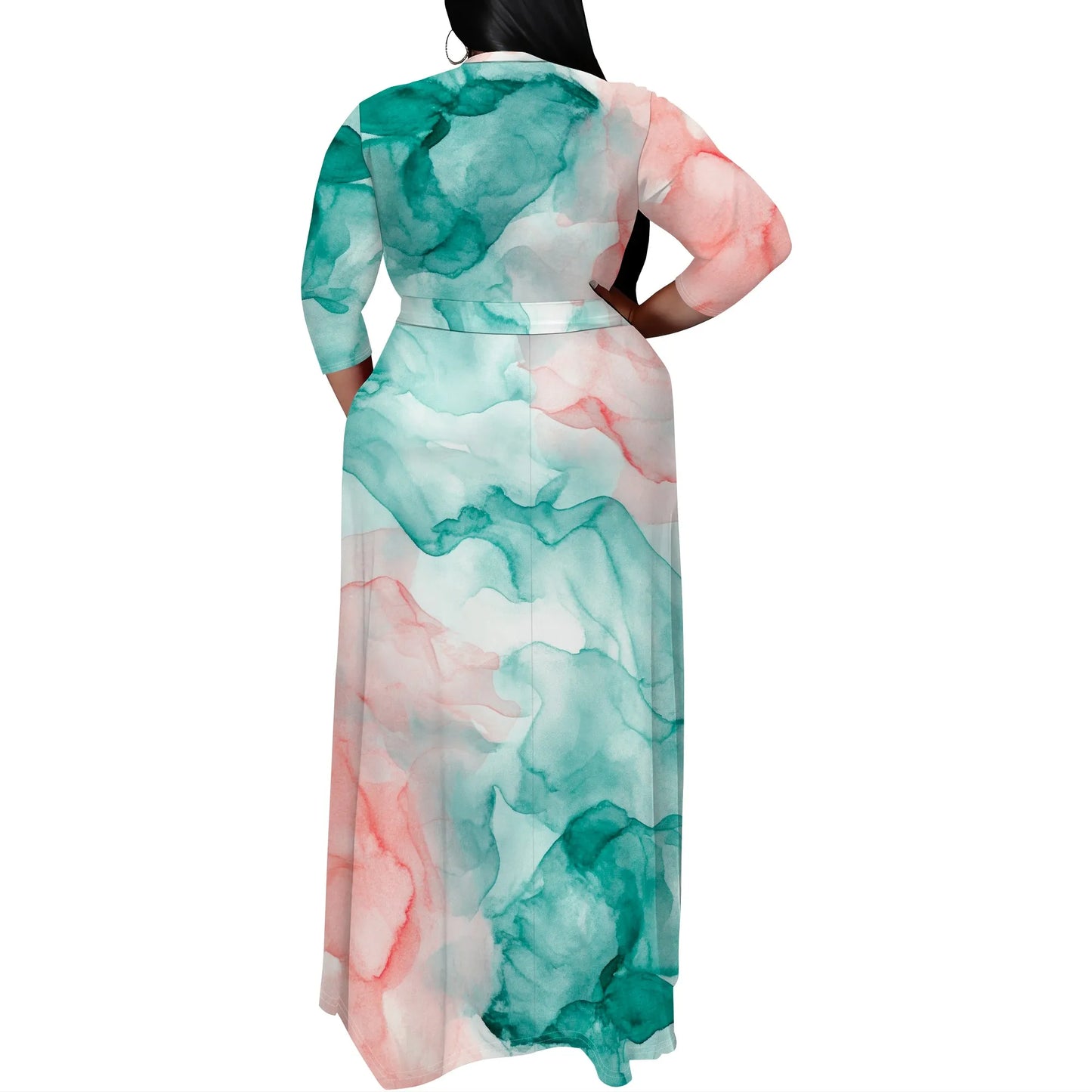 Women's Plus Size Maxi Dress Print 3/4 Sleeves V Neck Party Sundress Wedding Guest Dresses