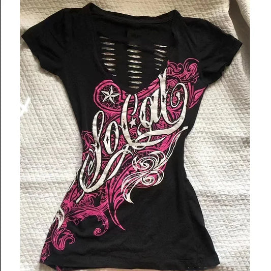 ブラックレターゴスセクシーゴシックグラフィックTシャツヴィンテージレディース90年代服Y2KクロップトップストリートウェアTシャツサブカルチャーTシャツパンク