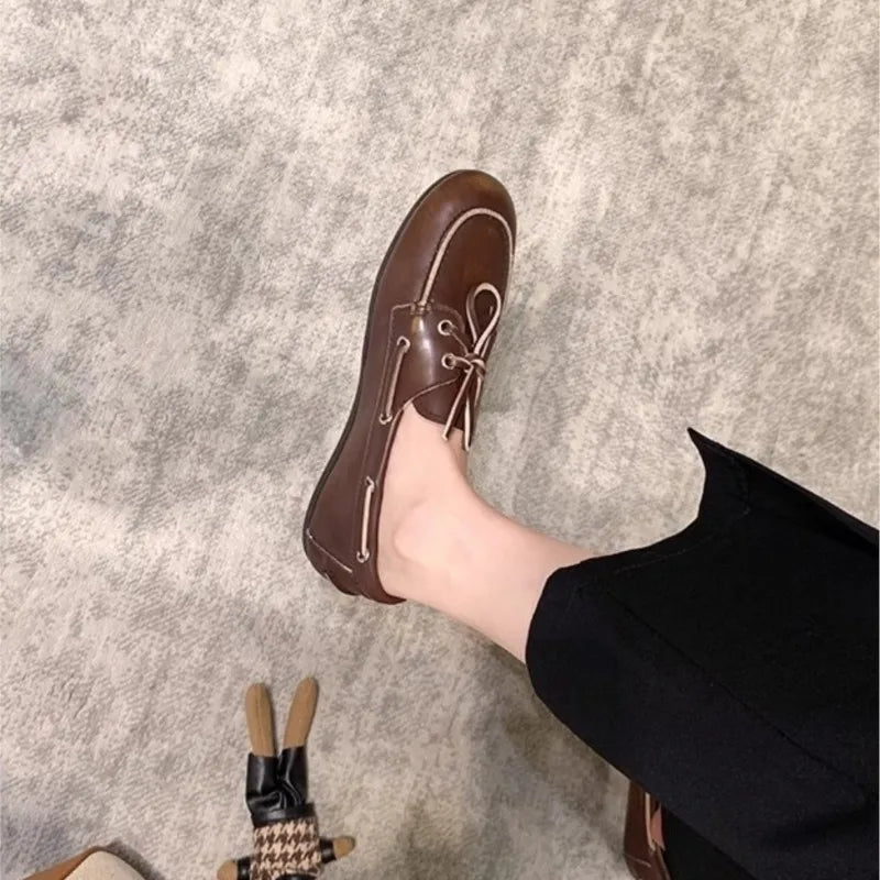 Women's Loafers Shoes Genuine Leather High Quality Round Toe Soft Bottom Flat Shoes Lace Up Breathable Ladies Casual Shoes 2025