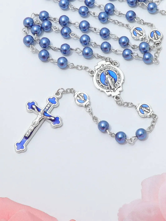 ブルーロザリオネックレス レディース メンズ 祈りビーズ ロングチェーン 宗教的 聖母マリア 十字架ペンダント メンズ パーティー ジュエリー ギフト