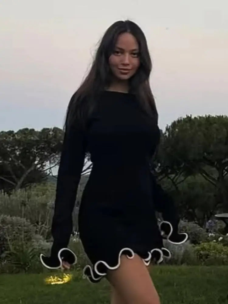 Women Solid Color Ruffles Hem Mini Dress Elegant O Neck Long Sleeve Slim Fit Gown Summer Vacation Holiday Party Dress