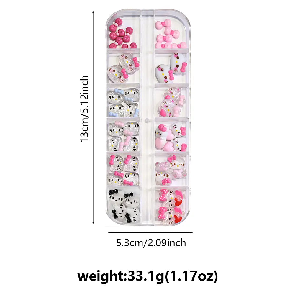 12Grids Summer Black Skin Hello Kitty Nail Charms 3D Pink Bows Hello Kitty Nail Art Rhinestone Cute Cartoon DIY Nail Accessories
