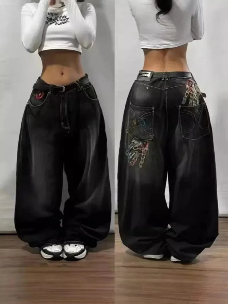 Y2K Fashion New Letters Embroidered Washed Baggy Jean Women Gothic Harajuku Vintage Hip Hop Pop Casual High Waist Wide Leg Pants