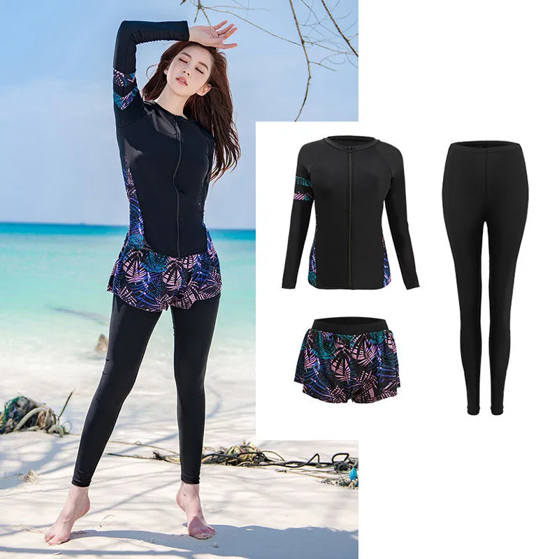 Women's 3pcs/set Printed Long Sleeve Rashguard UV Sun Protection Surf Shirt With Pants Shorts Full Body Bathing Suit Dive Skin