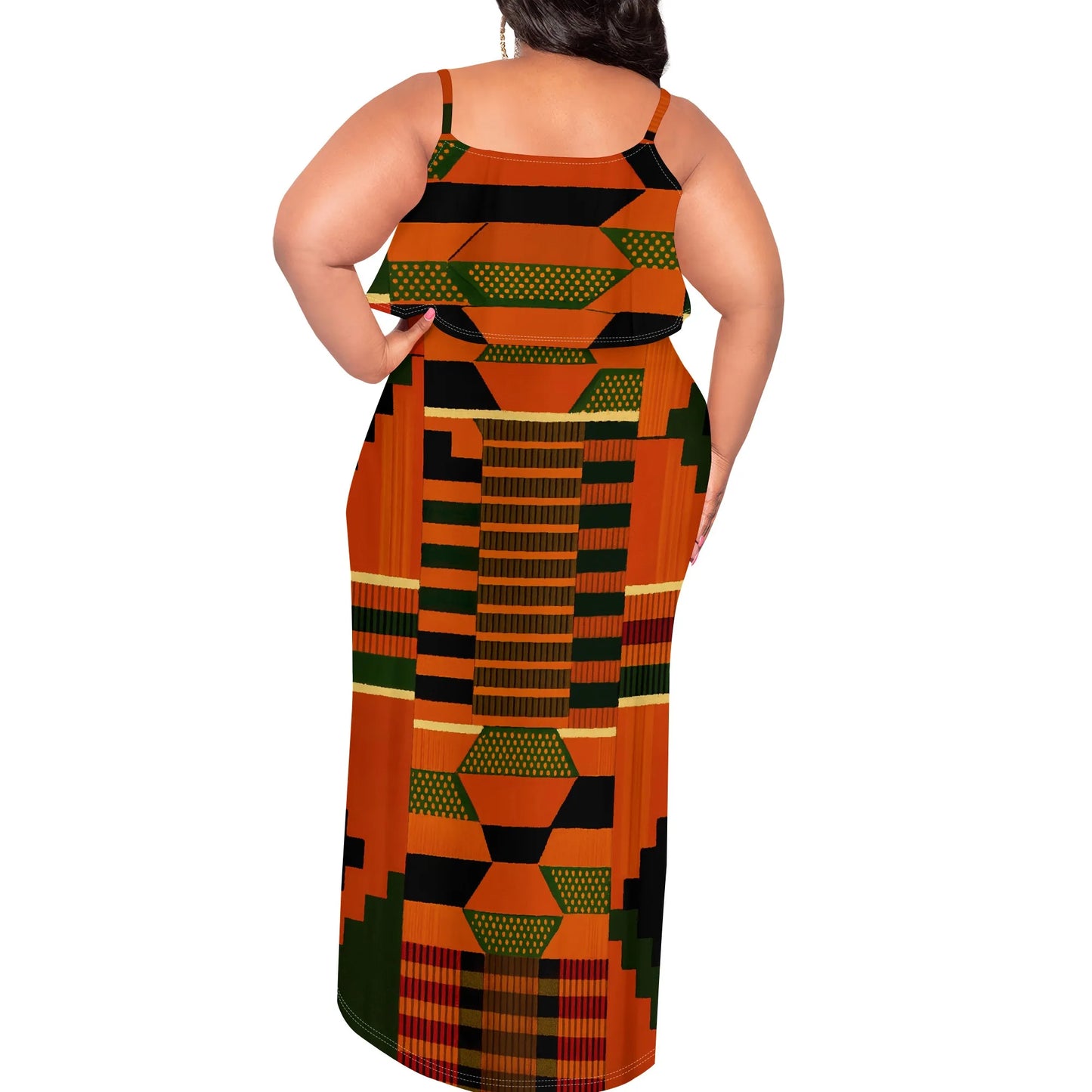 Women's Plus Size African Kente Print Maxi Dress XL-6XL Spaghetti Strap Ruffle Top Summer Party Long Sundress