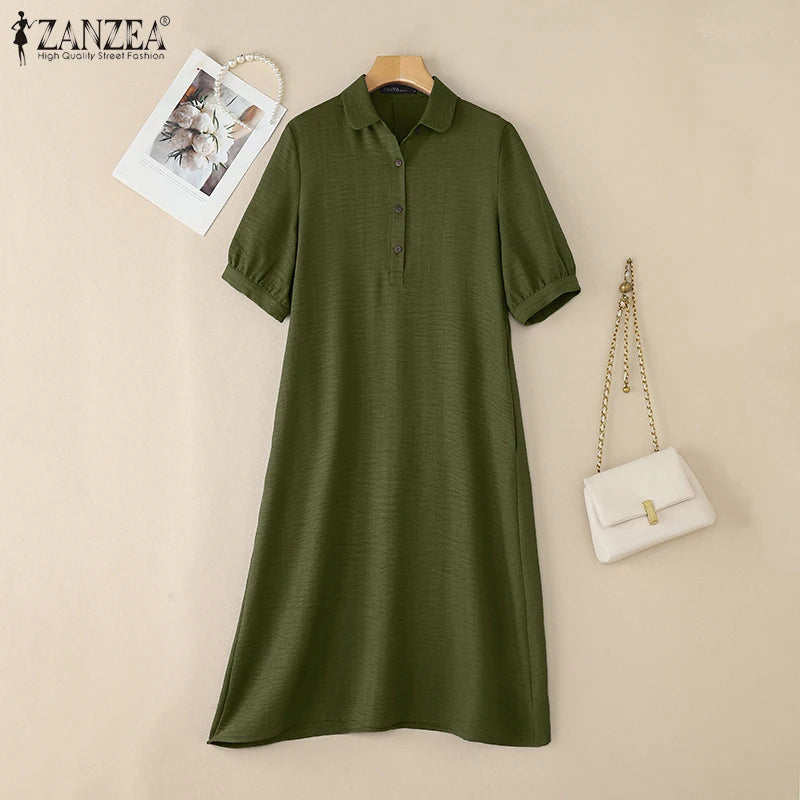 ZANZEA Women Fashion Shirt Dress 2025 Summer Sundress Lapel Neck Short Sleeve OL Work Dresses Casual Buttons Midi Vestidos Robe