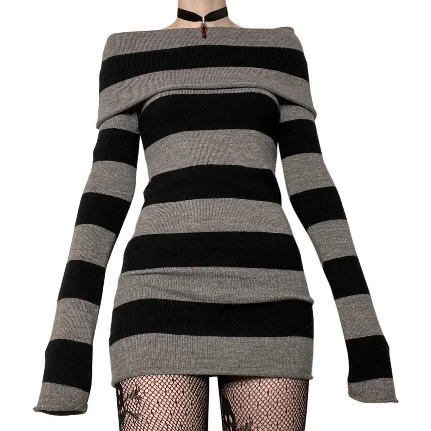 Women Y2K Knit Mini Dress Striped Long Sleeve Off Shoulder Bodycon Short Sweater Dress Trendy Night Club Streetwear