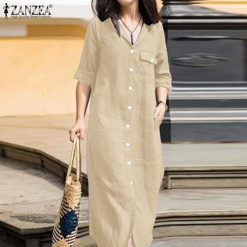ZANZEA Office Casual Collared Shirtdress Women Autumn Fashion 3/4 Sleeve Button Up Midi Dresses Commuting Solid Color Robe Femme