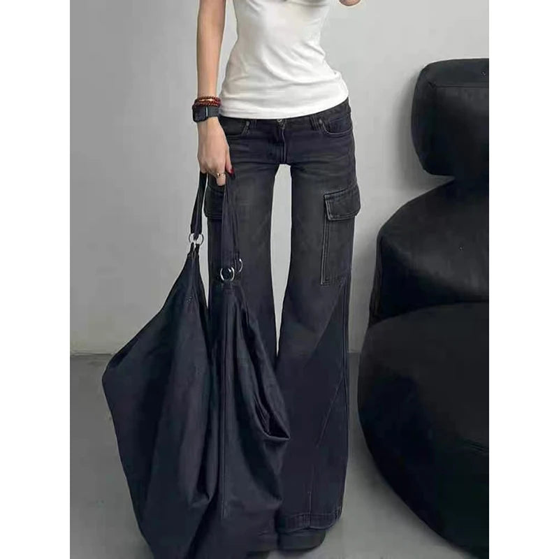 ZHIZOU Streetwear Vintage Black Jeans Women American Y2K Slim High Waist Flare Denim Pants Casual Multiple Pockets Denim Trouser