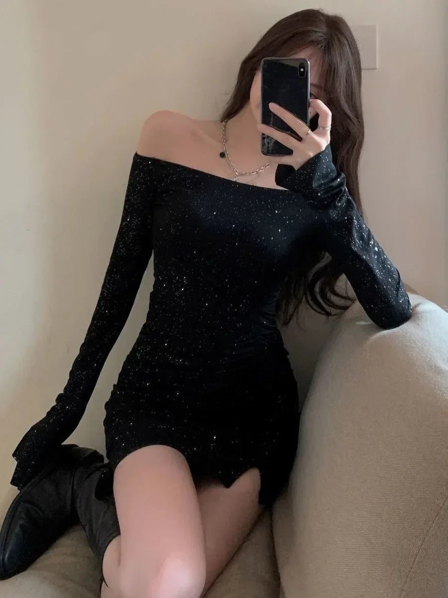 One Shoulder Dress Elegant Female Slim Diamond Long Sleeve Irregular Sexy Hot Girl Short Spring Autumn Black Sweater Dress