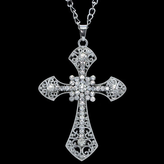 FLOLA New Gold Plated Cross Pendant Necklace for Women Men Long Chain Rhinestone Necklace Pendants Hip Hop Jewelry Gifts nkee32