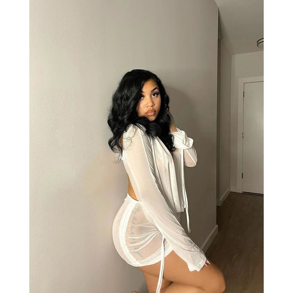 Y2K Sexy Deep V Neck Mini Mesh Dress Women Party Outfit Two Pieces Set 2024 See Through Long Sleeve Club Party Bodycon Dresses