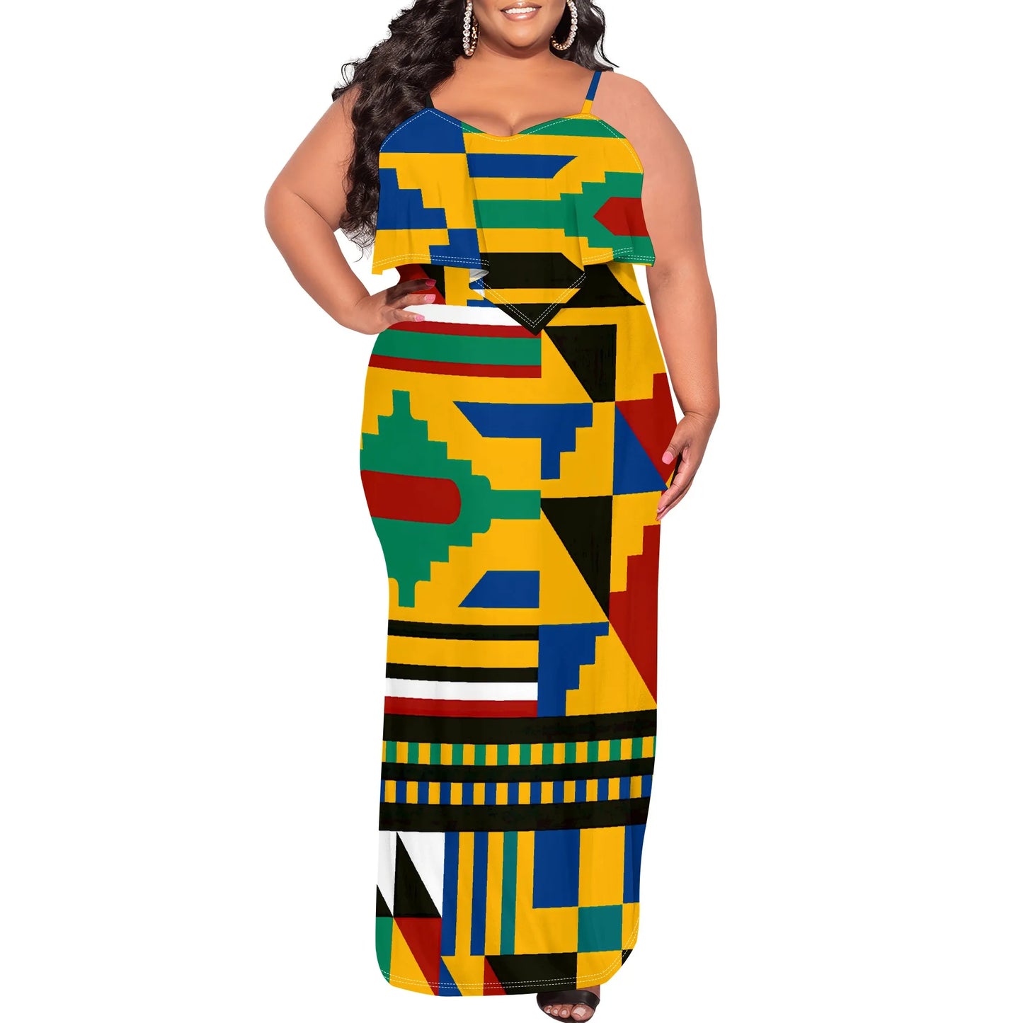 Women's Plus Size African Kente Print Maxi Dress XL-6XL Spaghetti Strap Ruffle Top Summer Party Long Sundress