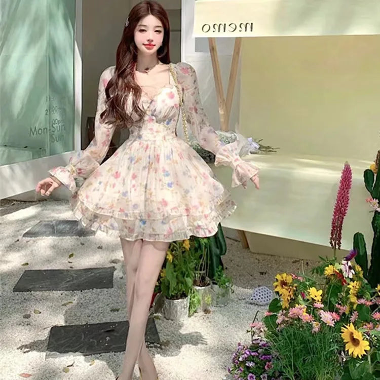 Women's Dresses Off Shoulder Floral Printed Long Sleeve Ruffles Party Mini Dresses Ruffle Slim Short Dresses Fairy Sweet
