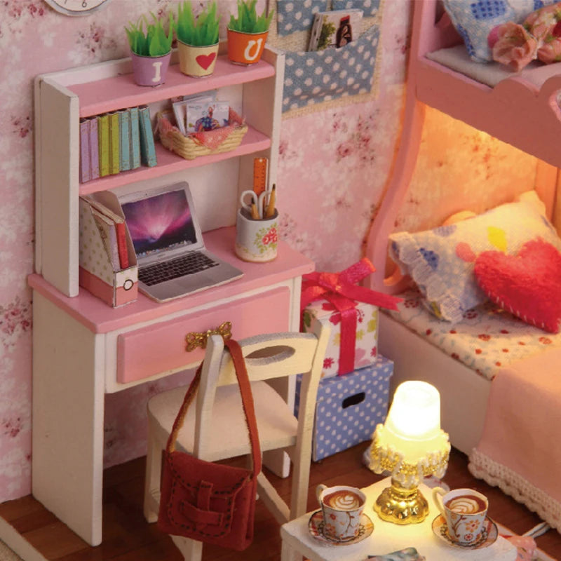 Kitten Mini Doll House Model Building Assembled House Home Kit Creative Room Bedroom Decoration with Furniture Birthday Gifts