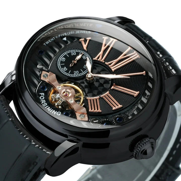 Forsining 367A Tourbillion Fashion Wave Black Golden Clock Roman Scale Mens Automatic Mechanical Watches Top Brand Luxury