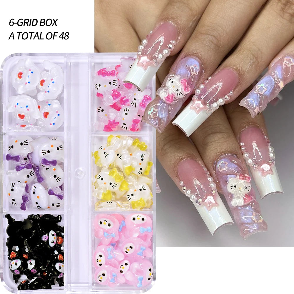 12Grids Summer Black Skin Hello Kitty Nail Charms 3D Pink Bows Hello Kitty Nail Art Rhinestone Cute Cartoon DIY Nail Accessories