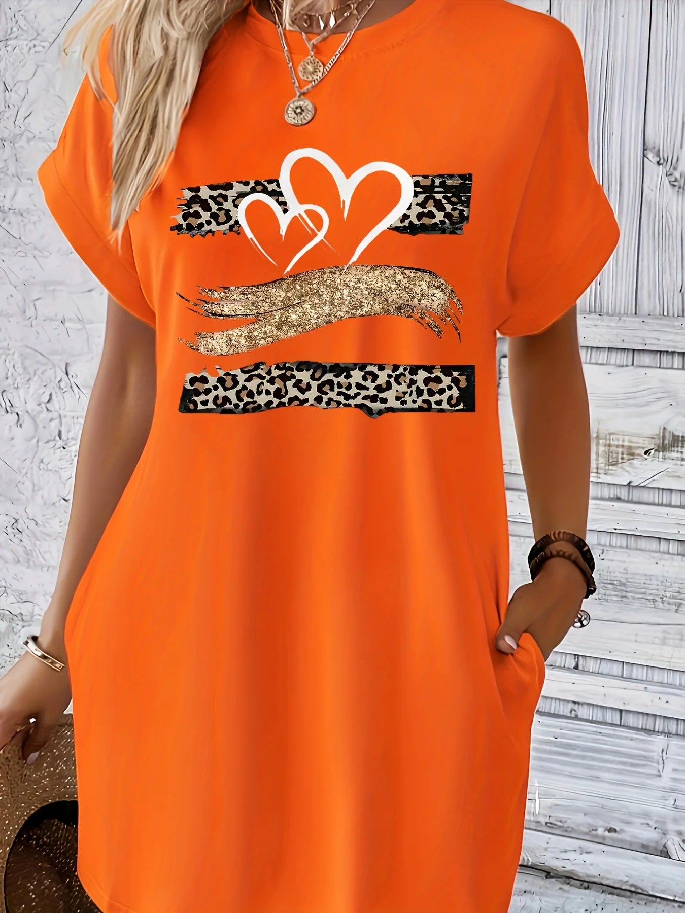 Women'S Casual Knit TShirt Dress with Heart Print Crew Neck Short Sleeve Fashionable Top Black with Colorful Flag Design