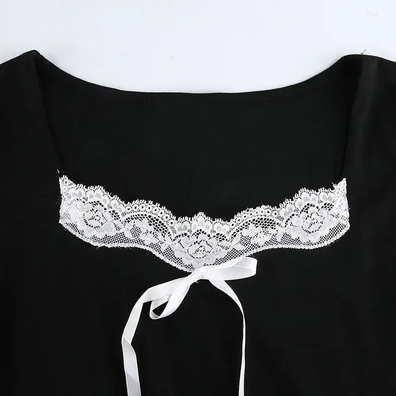 Long Sleeve Dress Women Design Patchwork Lace Bow Square Collar Side-slit A-line Empire Black Sexy Mini Bodycon Dresses Feminine