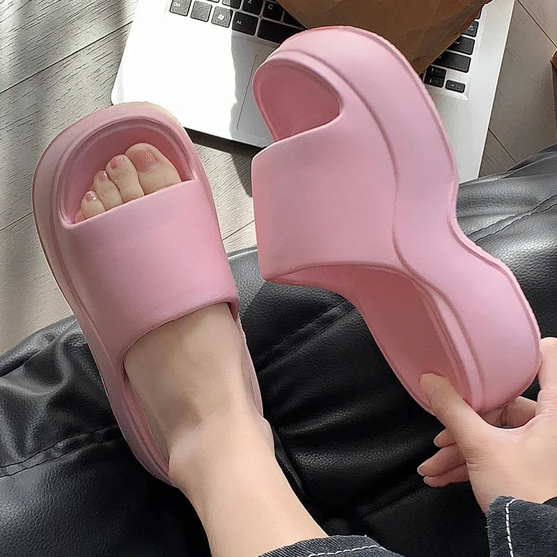 YNPO Solid Color EVA Platform Slippers Women Thick Sole Non Slip Beach Slides Sandals Lady Summer Soft Sole Wedge Heel Slipper